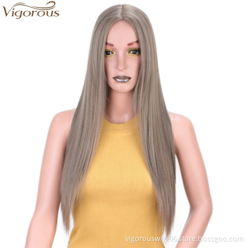 Vigorous Ombre Gray Long Silky Straight Middle Part Wigs Middle Part Synthetic Wig Heat Resistant Fiber Wig For Women